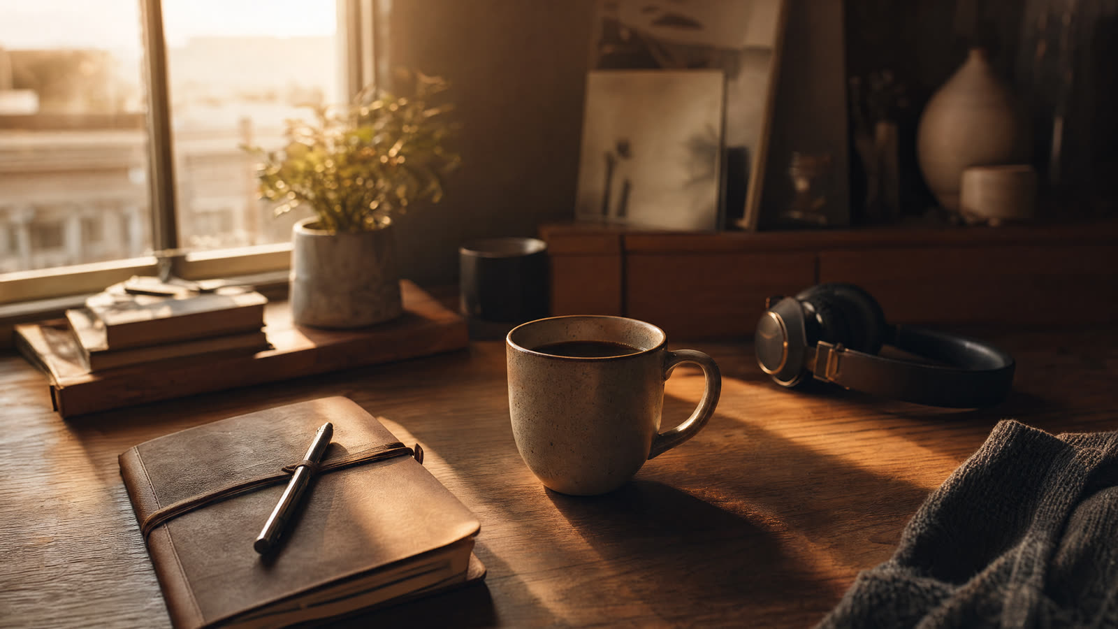 Warm, dawn-lit workspace with a cup of Solace coffee